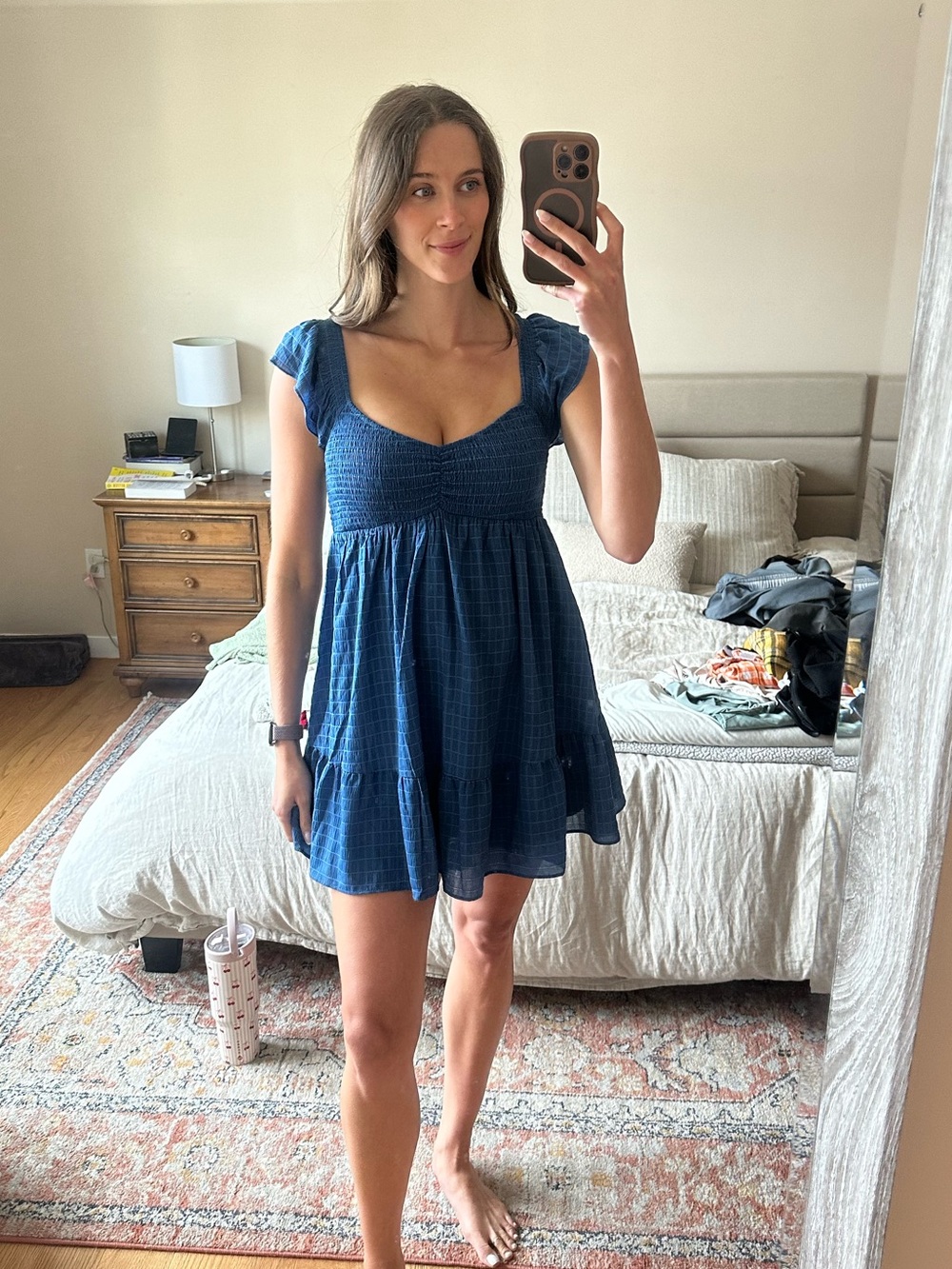 Smocked Navy Blue Mini Dress with Flutter Sleeves